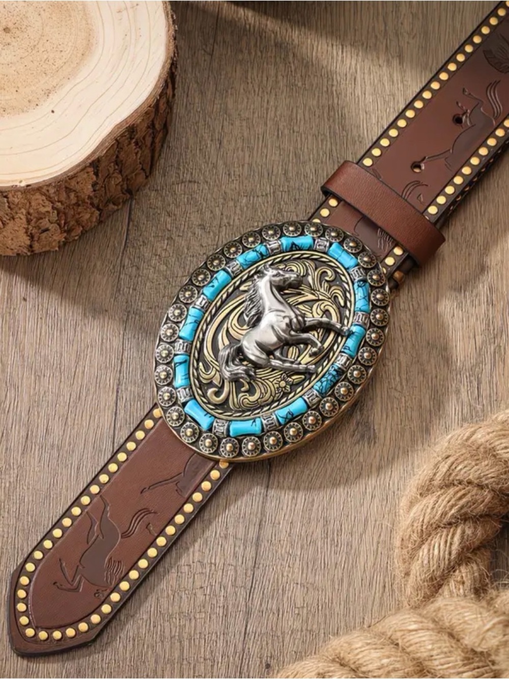Western Horse Oval Buckle Brown Leather Belt with Turquoise Accents - Picture 2 of 3